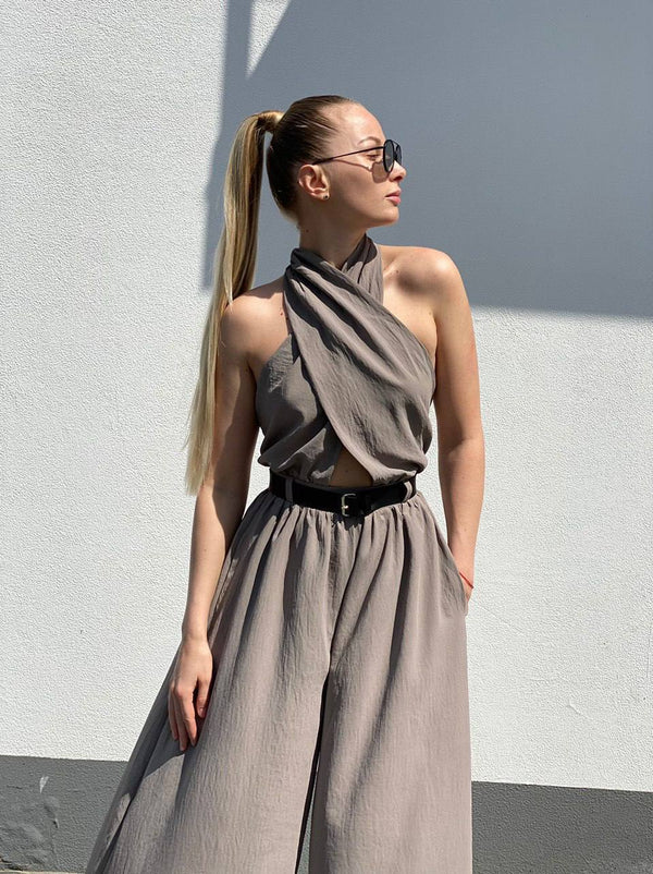 Beige Halter-Back Jumpsuit