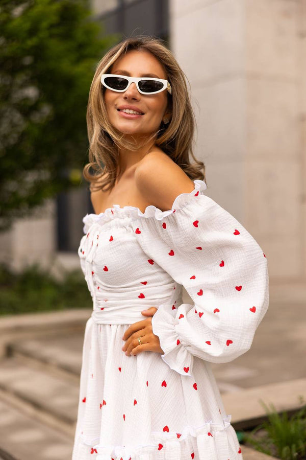 Heartfelt Red Off-Shoulder Muslin Dress