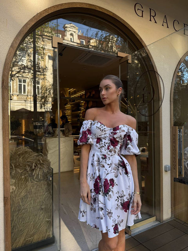 Rosewood Bloom Off-Shoulder Cotton Dress