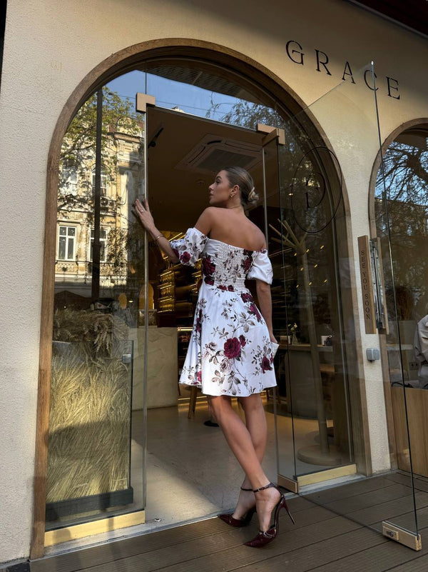 Rosewood Bloom Off-Shoulder Cotton Dress