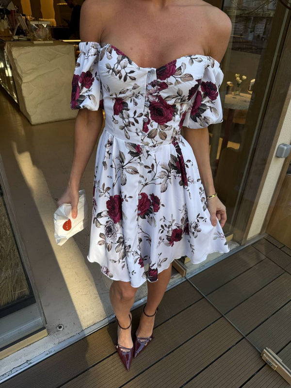 Rosewood Bloom Off-Shoulder Cotton Dress
