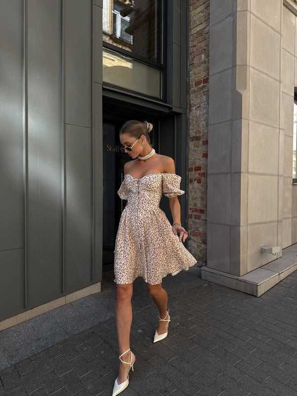 Sandstone Bloom Off-Shoulder Cotton Dress