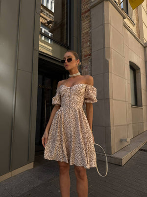 Sandstone Bloom Off-Shoulder Cotton Dress