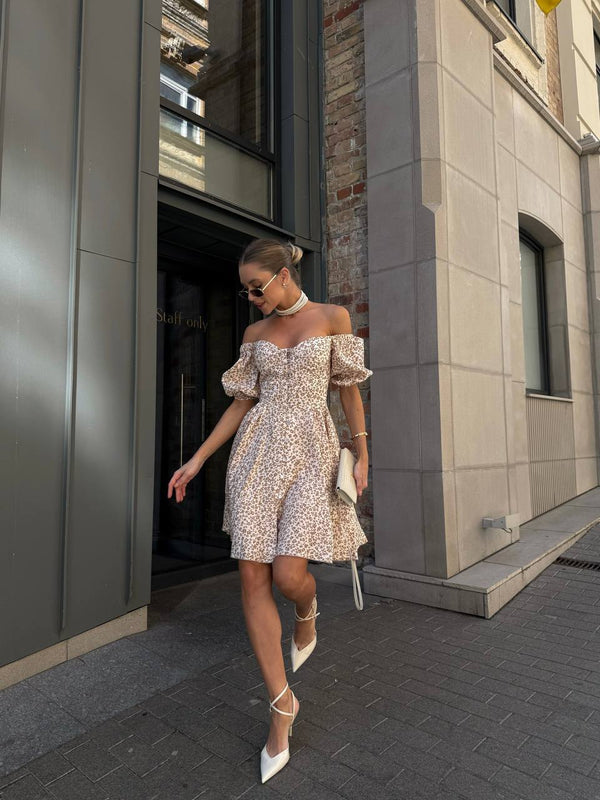 Sandstone Bloom Off-Shoulder Cotton Dress