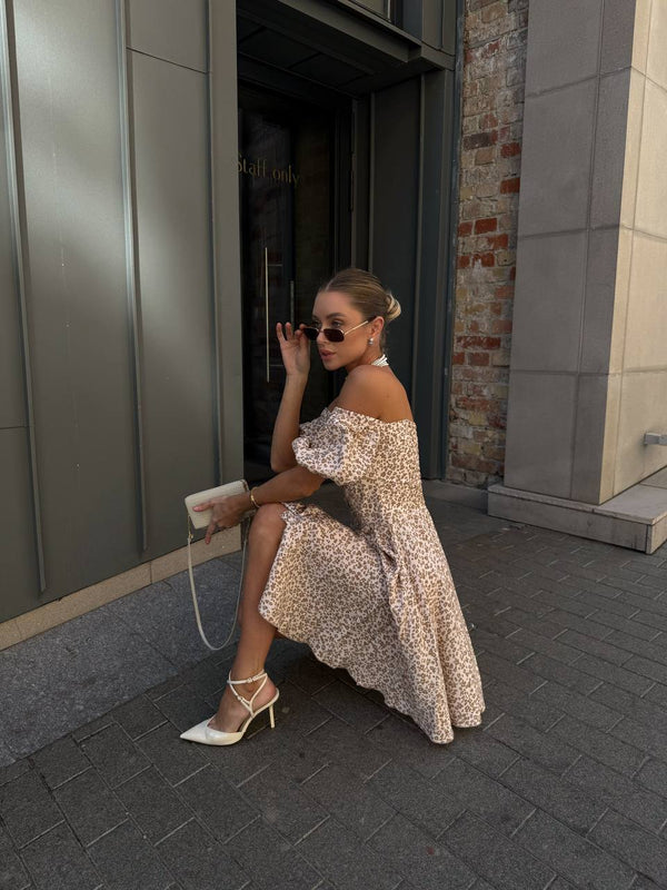 Sandstone Bloom Off-Shoulder Cotton Dress