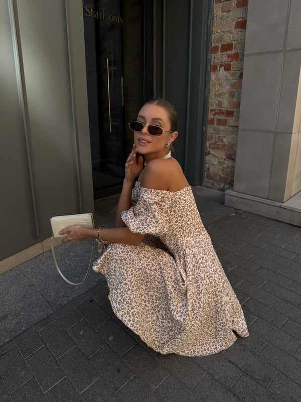Sandstone Bloom Off-Shoulder Cotton Dress