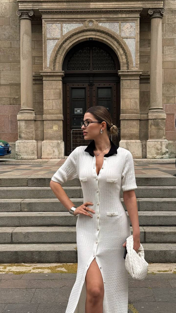 Milk Contrast Knit Button Dress