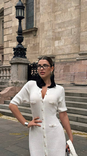Milk Contrast Knit Button Dress