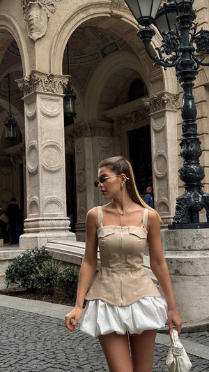 Beige Zip Corset & Balloon Skirt Set