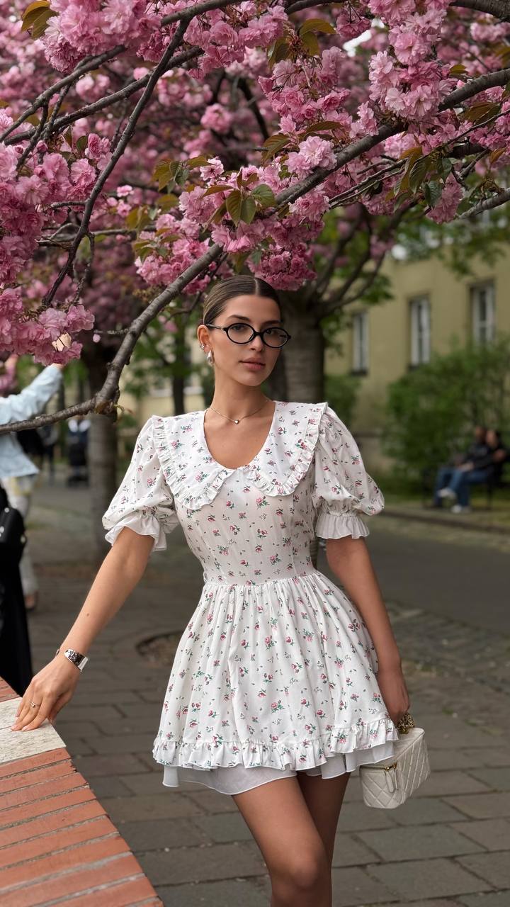 Vintage Charm Cotton Mini Dress – White Garden Bloom