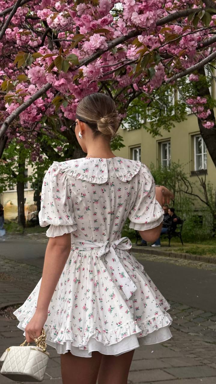 Vintage Charm Cotton Mini Dress – White Garden Bloom