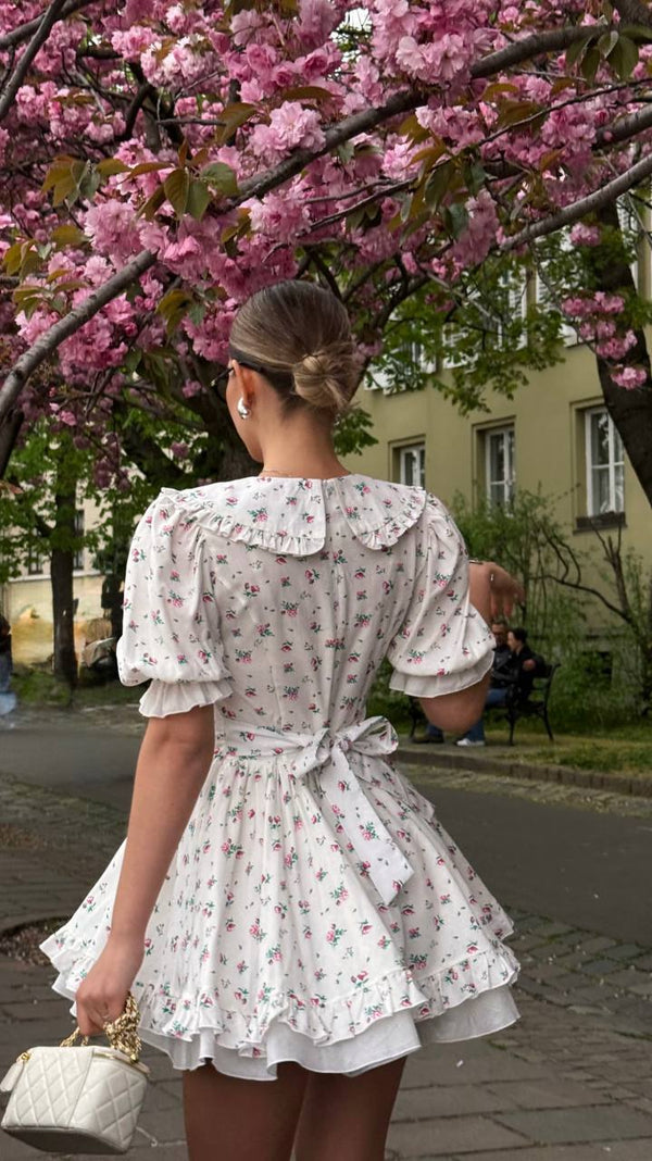 Vintage Charm Cotton Mini Dress – White Garden Bloom