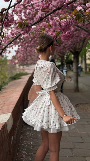 Vintage Charm Cotton Mini Dress – White Garden Bloom