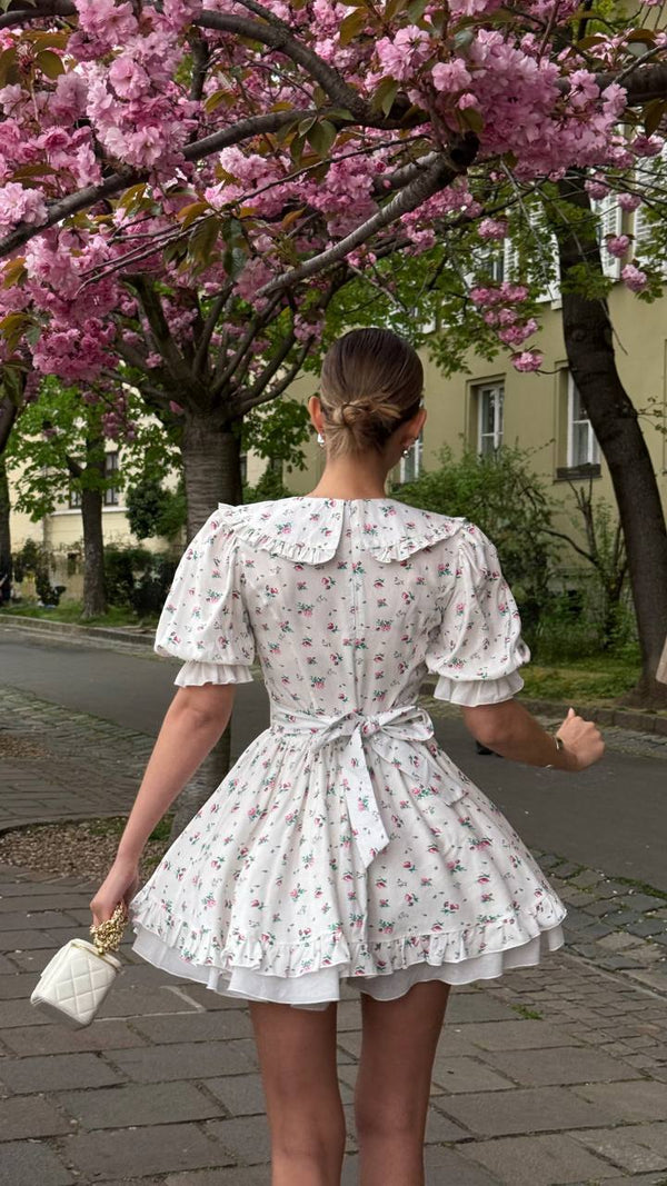 Vintage Charm Cotton Mini Dress – White Garden Bloom