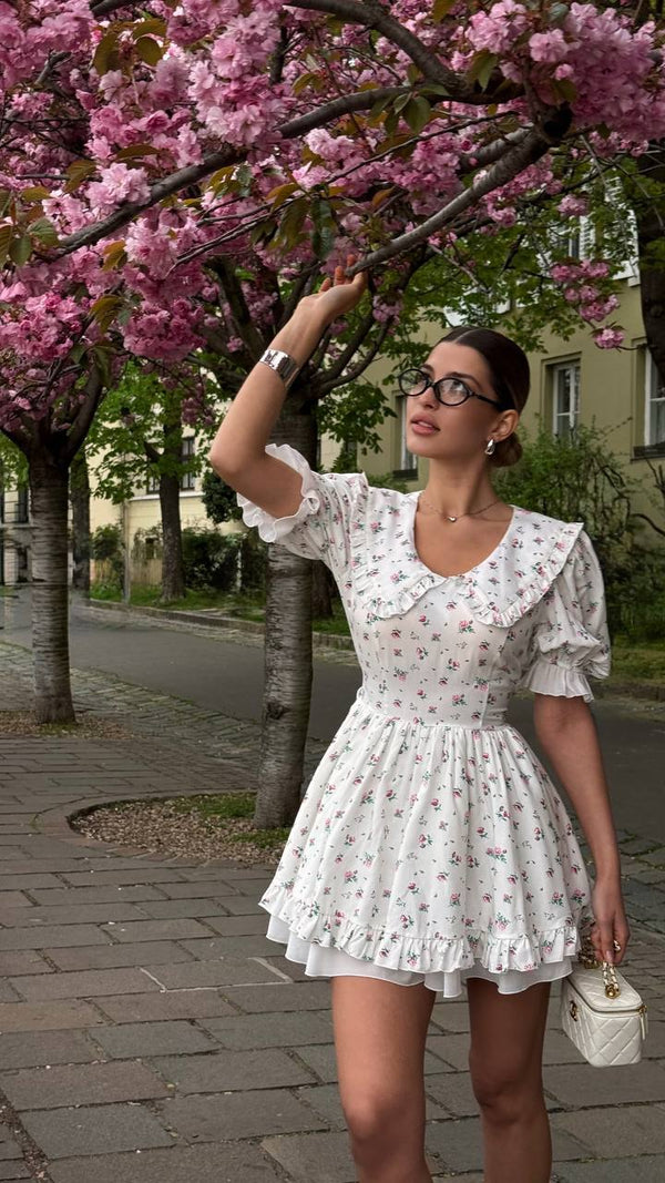 Vintage Charm Cotton Mini Dress – White Garden Bloom