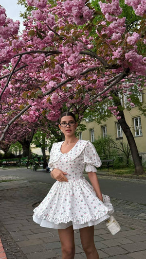 Vintage Charm Cotton Mini Dress – White Garden Bloom