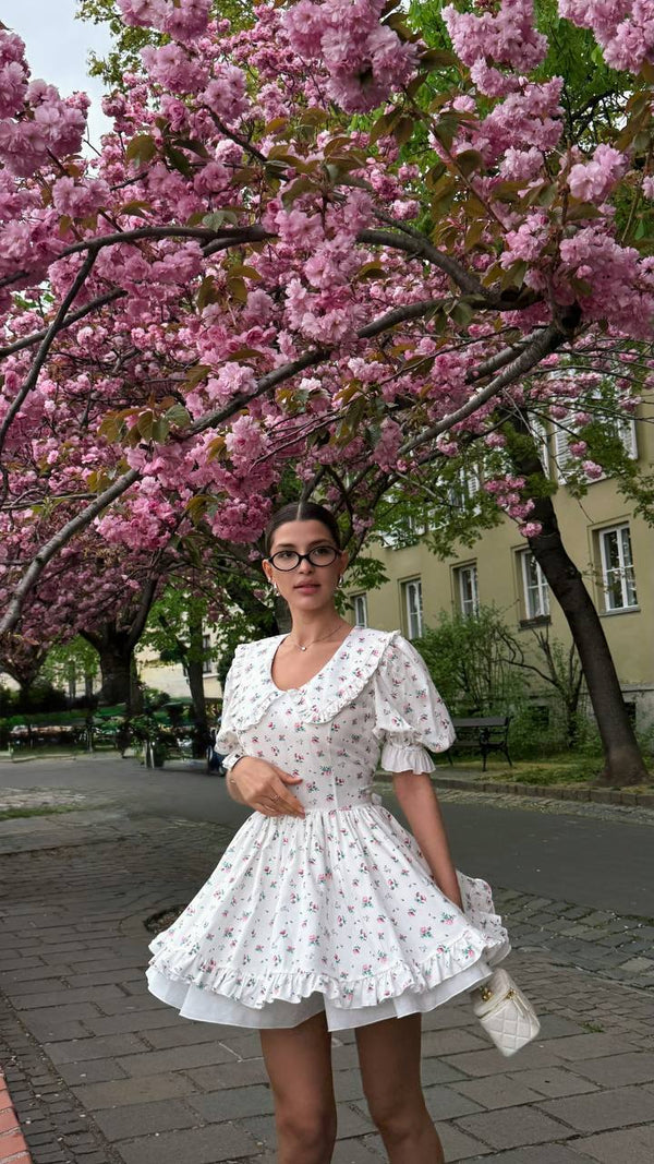 Vintage Charm Cotton Mini Dress – White Garden Bloom