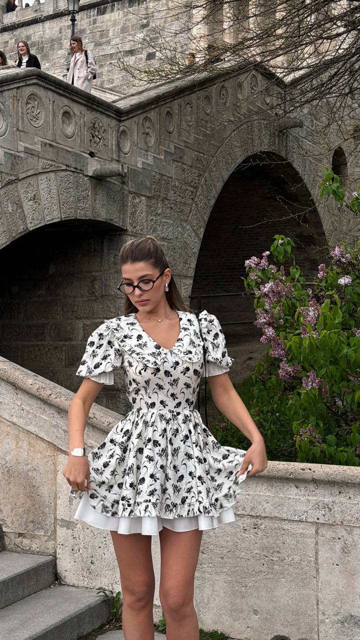 Vintage Charm Cotton Mini Dress – Noir Flora Sketch