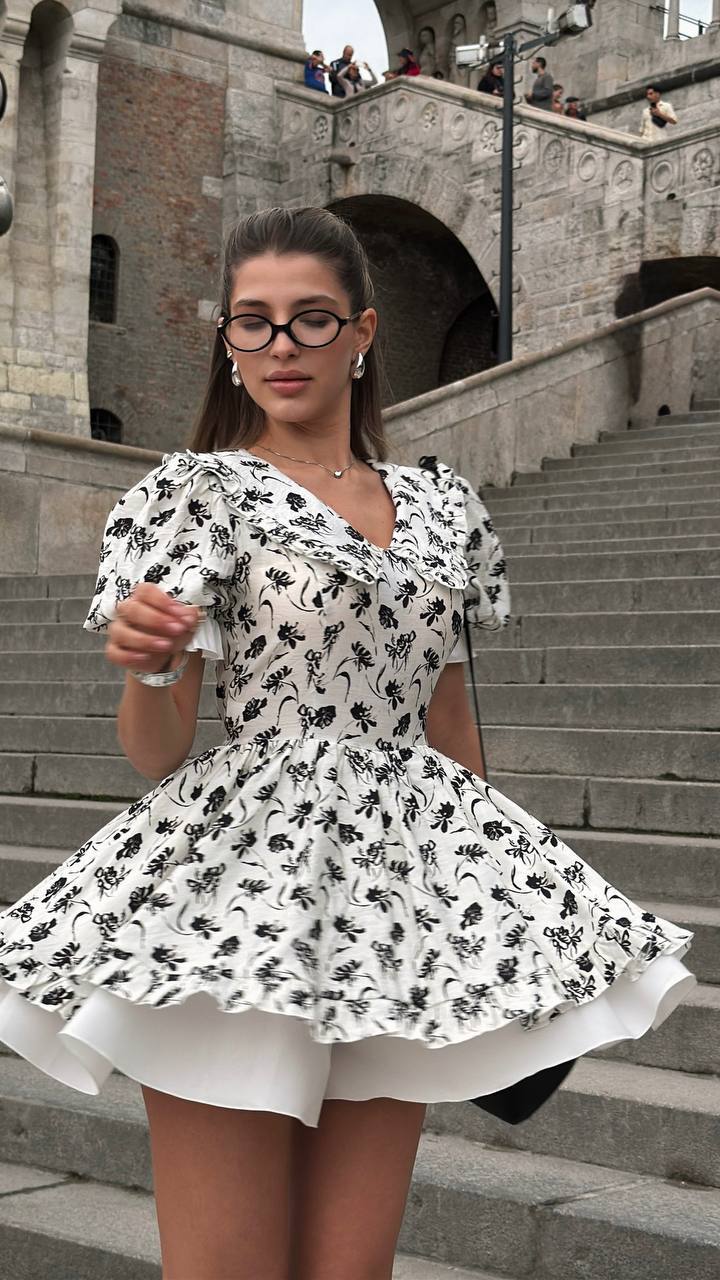 Vintage Charm Cotton Mini Dress – Noir Flora Sketch