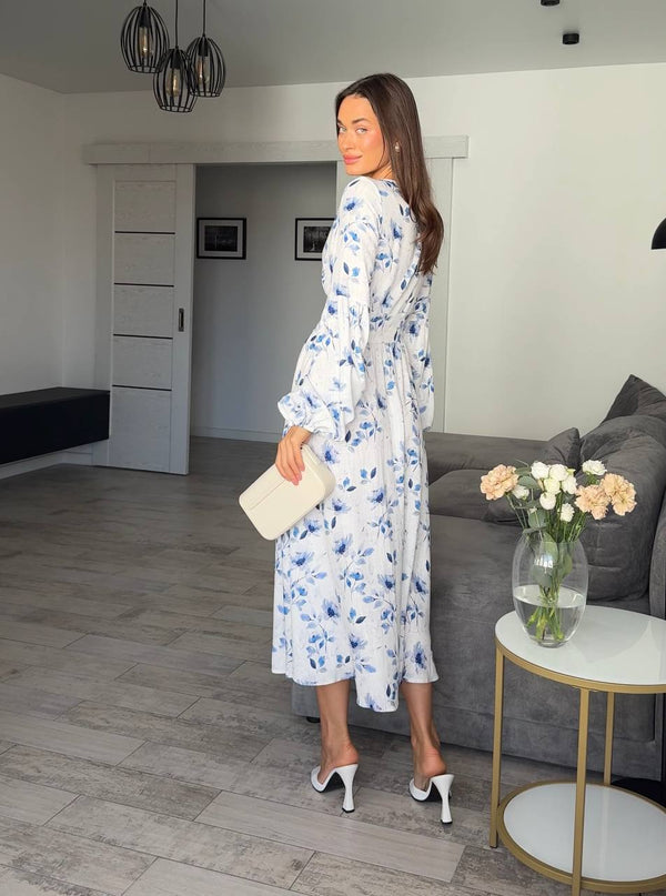 Frosted Blue Petal Linen Midi Dress