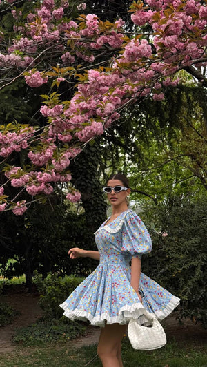 Rochie mini vintage cu imprimeu floral Blue Garden