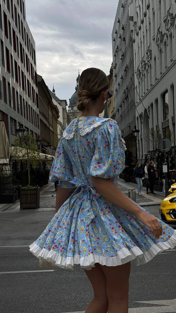 Rochie mini vintage cu imprimeu floral Blue Garden