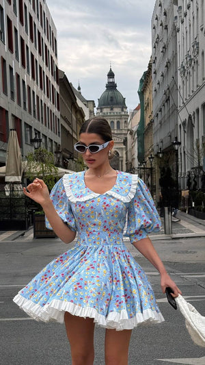 Rochie mini vintage cu imprimeu floral Blue Garden