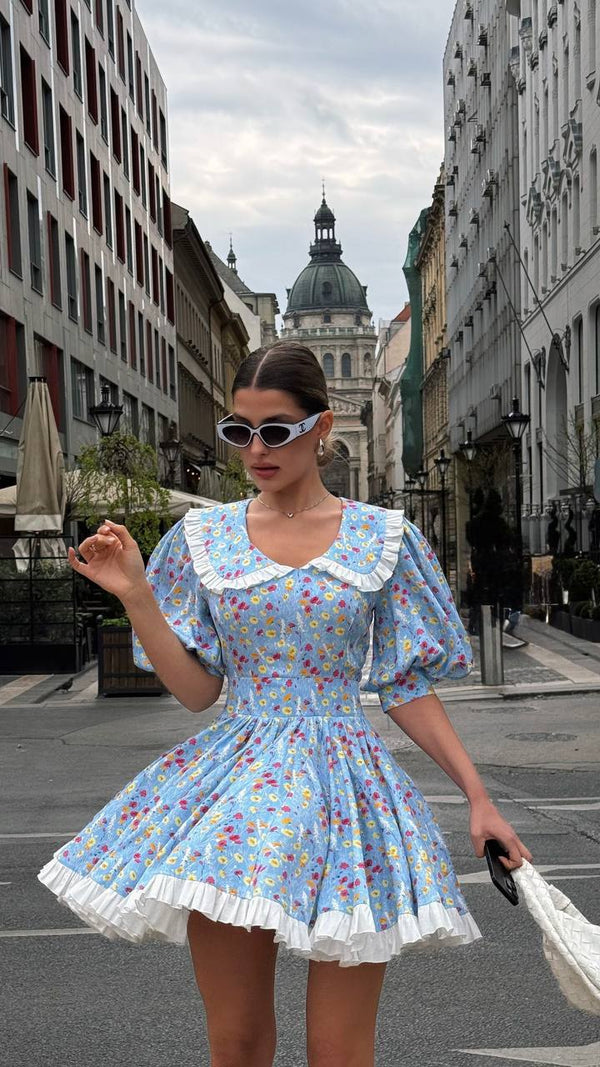 Rochie mini vintage cu imprimeu floral Blue Garden