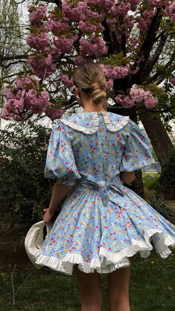 Rochie mini vintage cu imprimeu floral Blue Garden