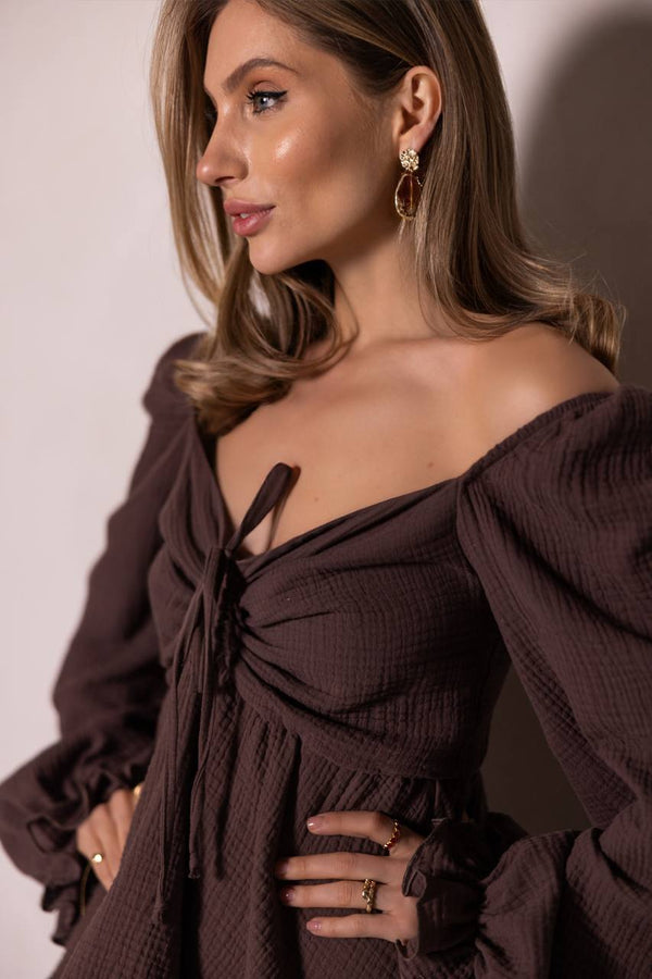 Chocolate Muslin Ruffle Mini Dress