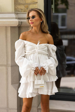 White Muslin Ruffle Mini Dress