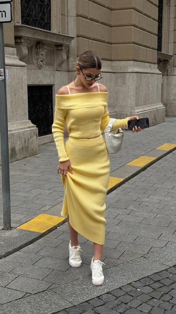 Lemon Knit Off-Shoulder Set