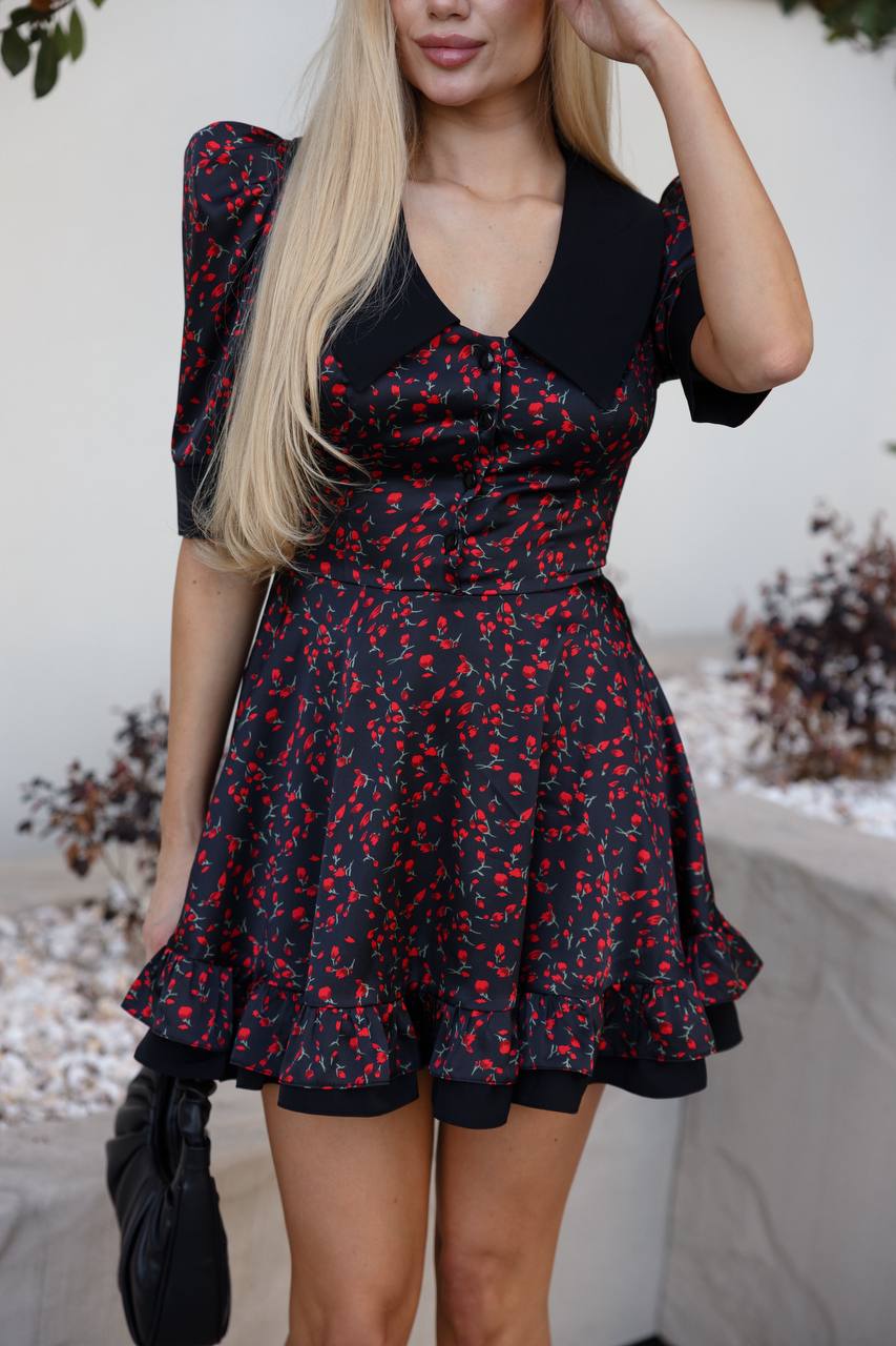 Midnight Cherry Bloom Collar Dress