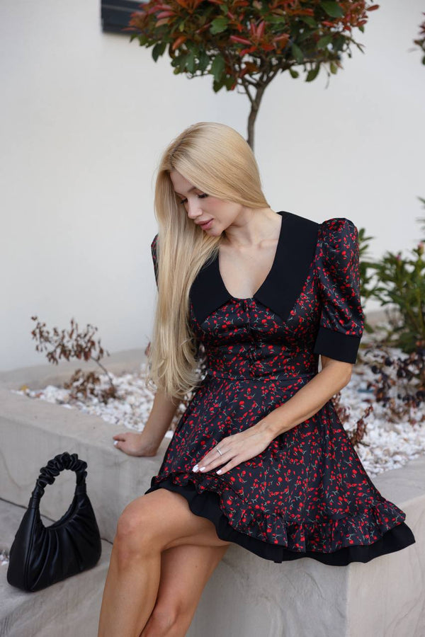 Midnight Cherry Bloom Collar Dress