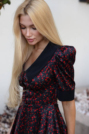 Midnight Cherry Bloom Collar Dress