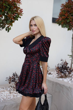 Midnight Cherry Bloom Collar Dress