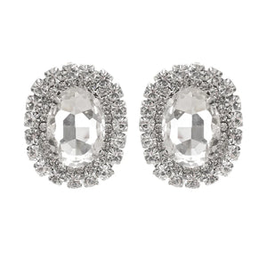 Silver Crystal-Embellished Oval Stud Earrings