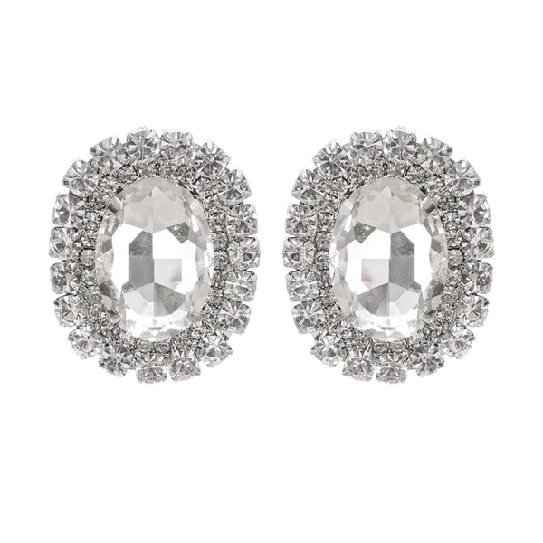 Silver Crystal-Embellished Oval Stud Earrings