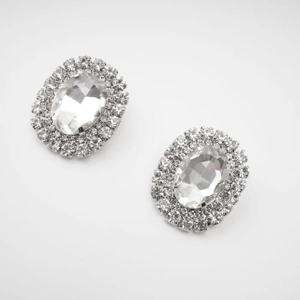 Silver Crystal-Embellished Oval Stud Earrings