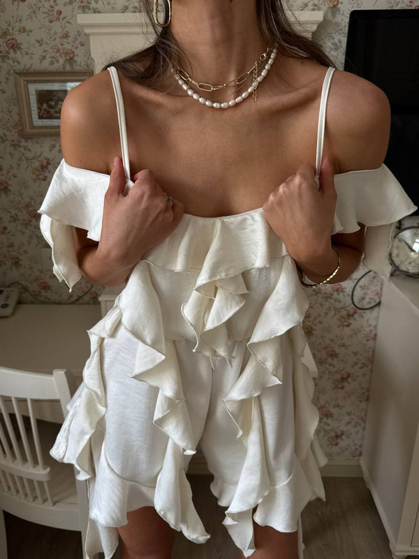 Pearl Crinkle Satin Ruffle Playsuit