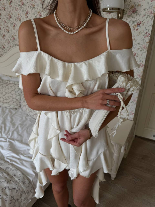 Pearl Crinkle Satin Ruffle Playsuit
