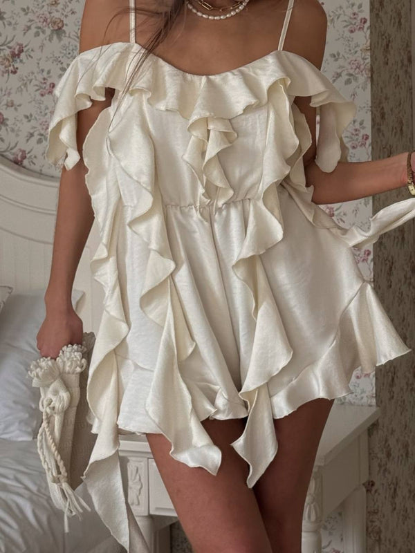 Pearl Crinkle Satin Ruffle Playsuit