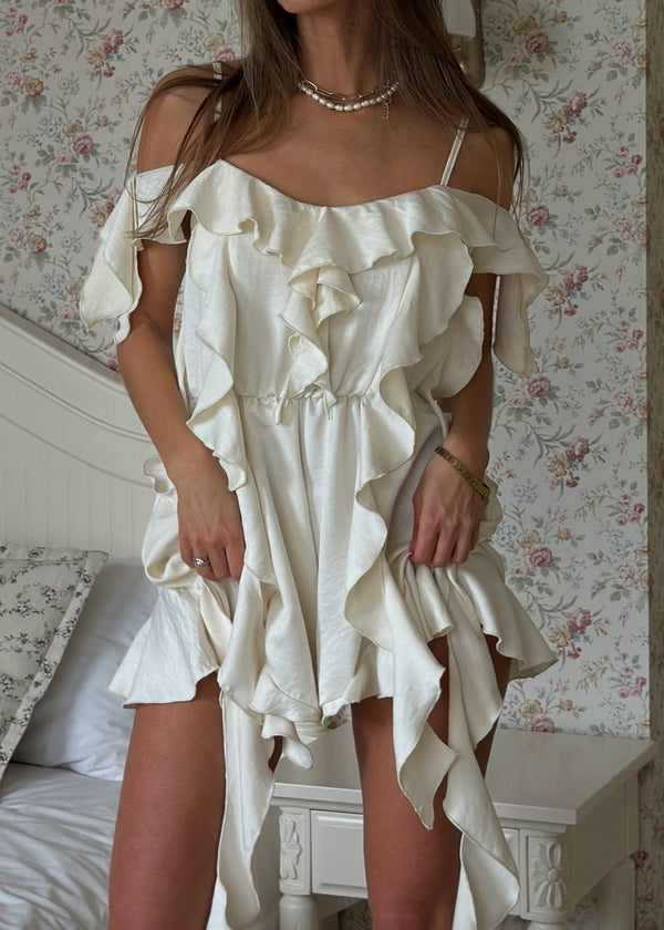 Pearl Crinkle Satin Ruffle Playsuit