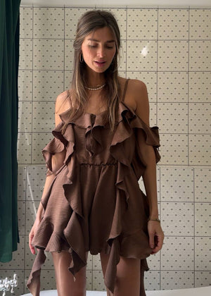 Mocha Crinkle Satin Ruffle Playsuit