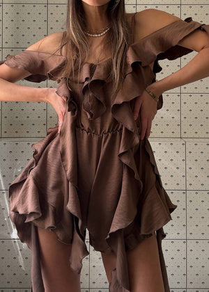 Mocha Crinkle Satin Ruffle Playsuit