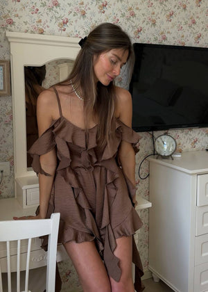 Mocha Crinkle Satin Ruffle Playsuit