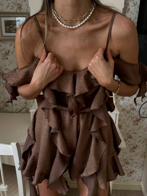Mocha Crinkle Satin Ruffle Playsuit