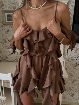 Mocha Crinkle Satin Ruffle Playsuit