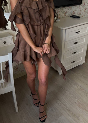 Mocha Crinkle Satin Ruffle Playsuit