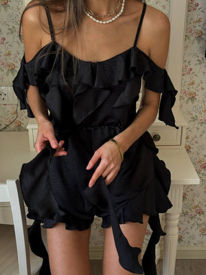 Noir Crinkle Satin Ruffle Playsuit